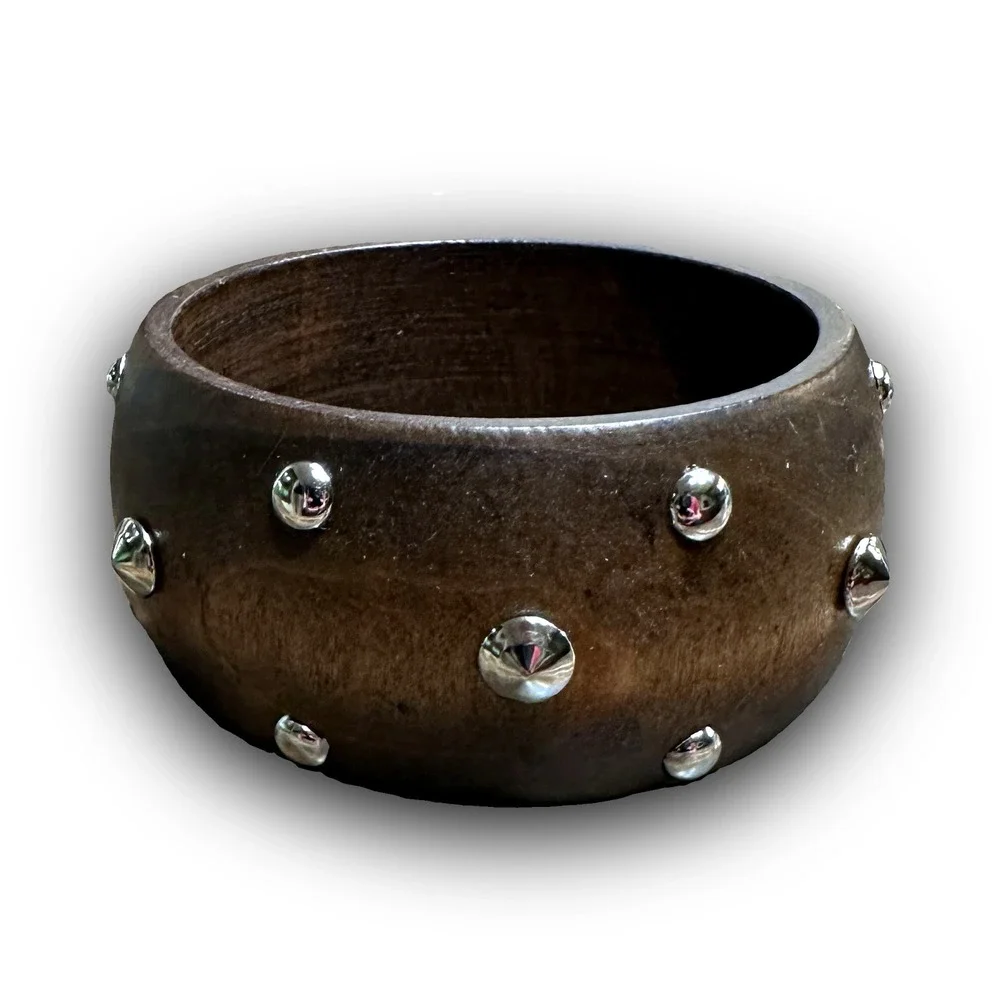 NEW Brown Wood Bangle Bracelet Silver Studded Wide Chunky Boho Western Statement